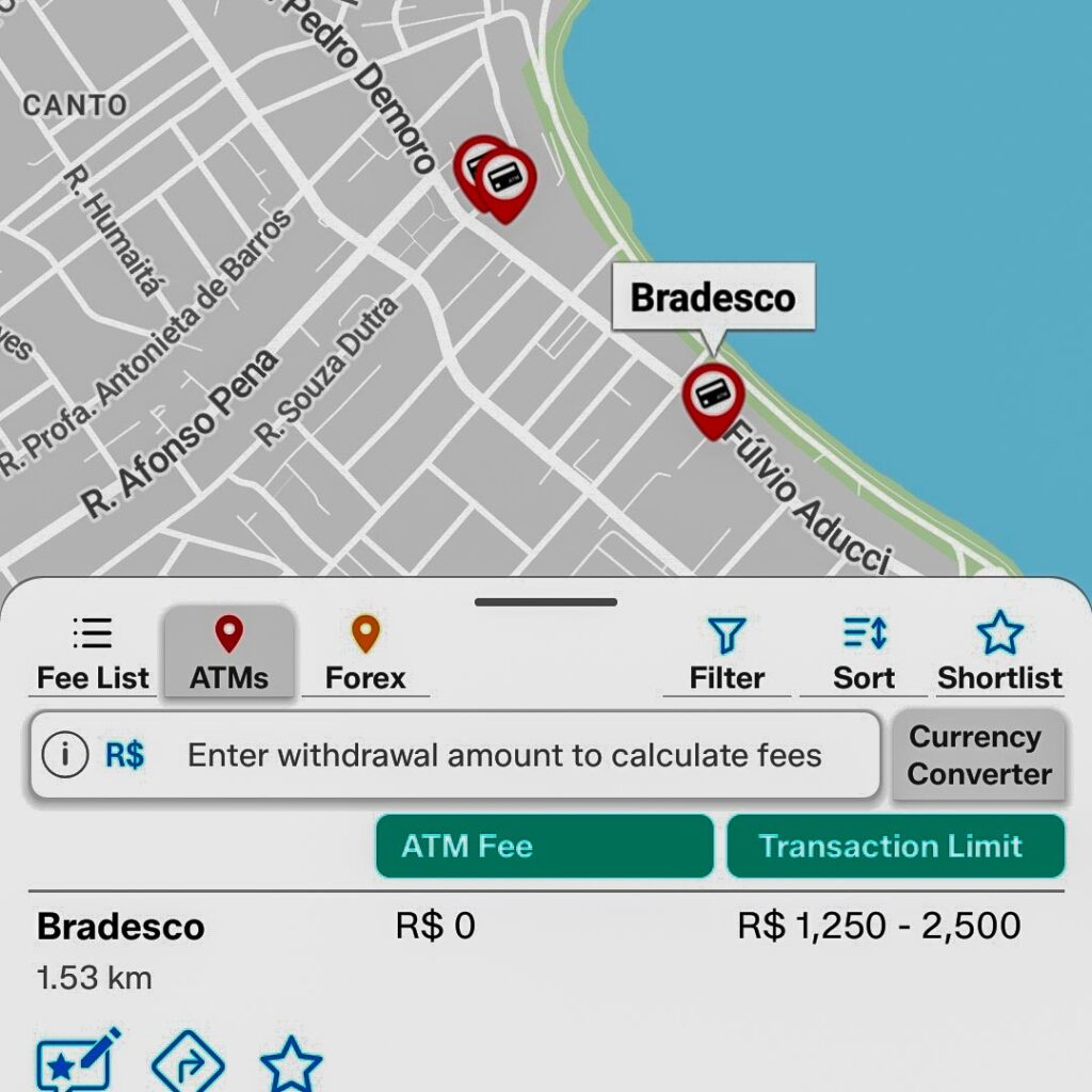 Screenshot of the app ATM Fee Saver with an ATM without fees