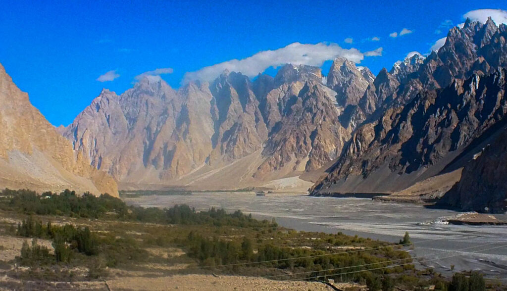 Jagged Passu Cones rock formation towering over the Hunza Valley along the Karakoram Highway